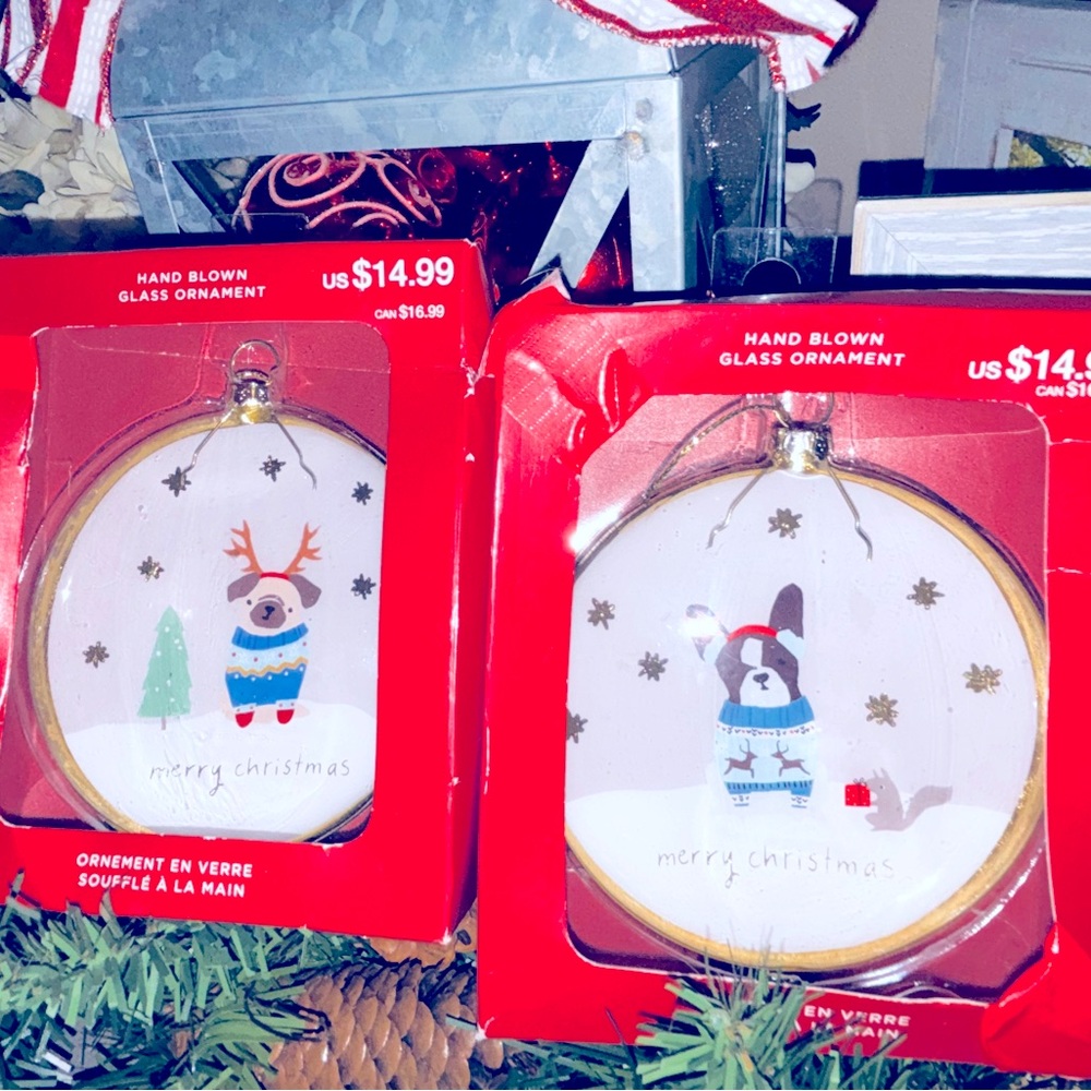 FRENCH BULLDOG And PUG 4” Hand Blown Glass Christmas Ornament